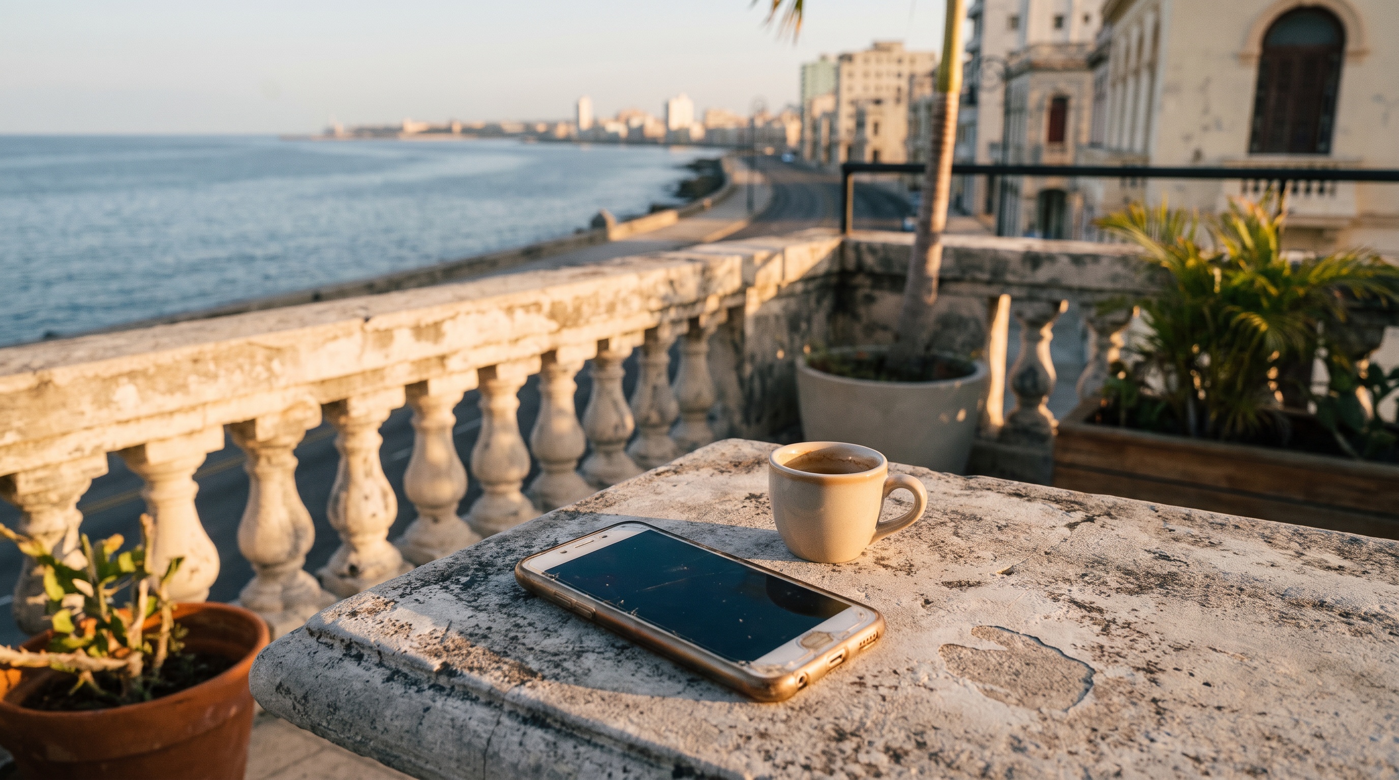 Telefoon en espressokop op een terrastafel met zeezicht aan de Malecón