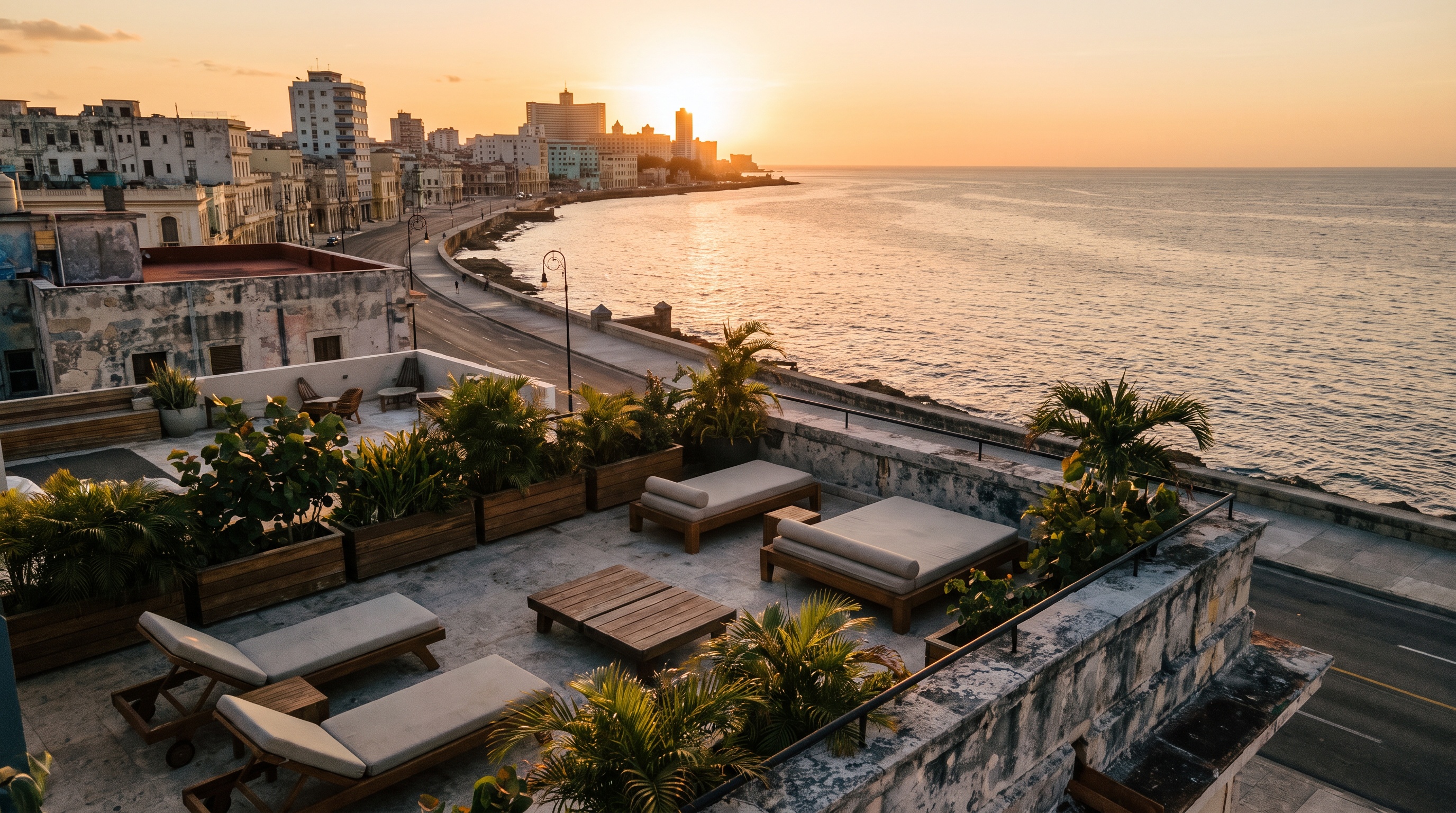 De Malecón-oever bij zonsondergang, met het terras van Altitude12 op de voorgrond