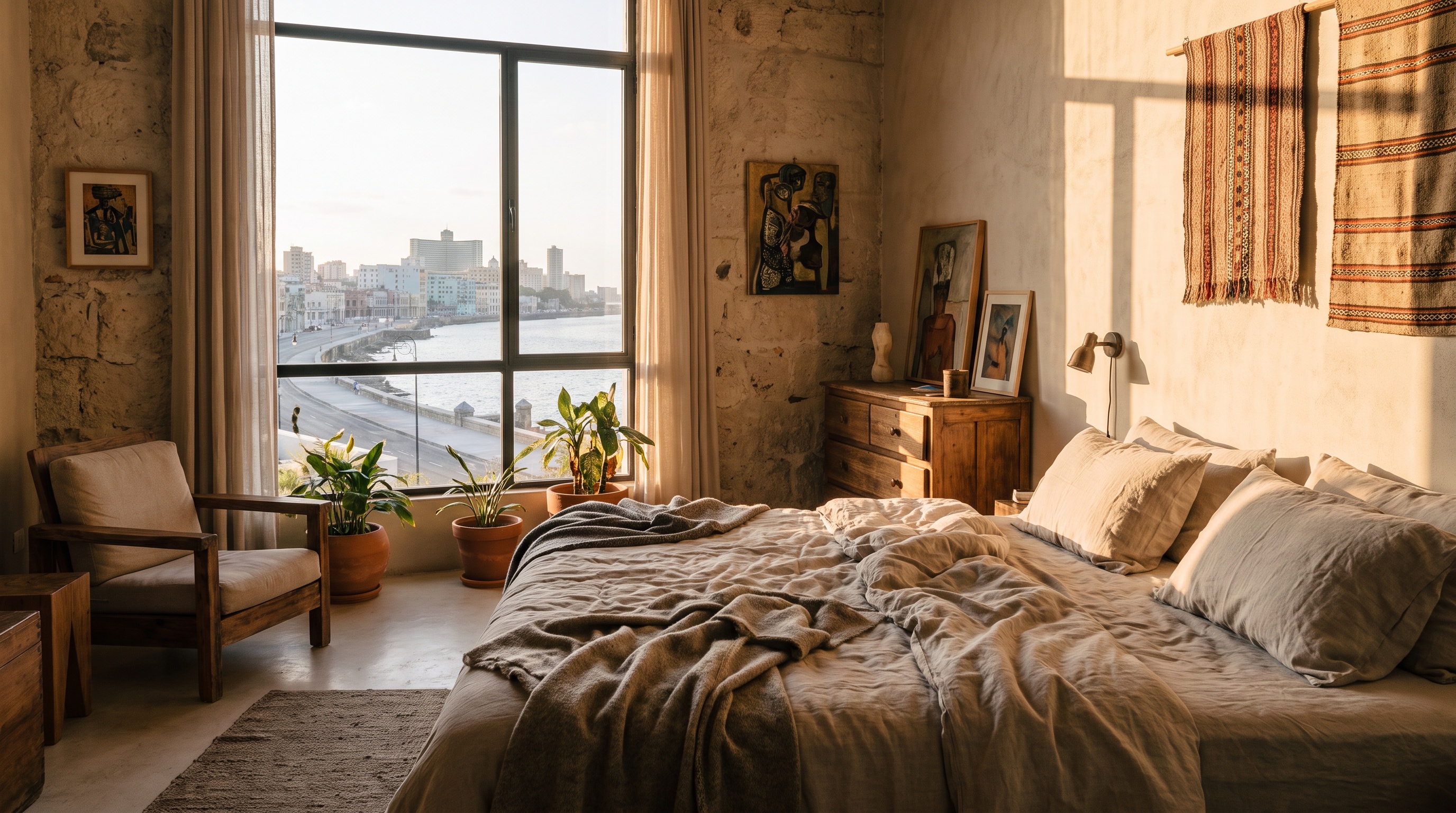 Hotelkamer van Altitude12 met breed raam op de zee en de Malecón
