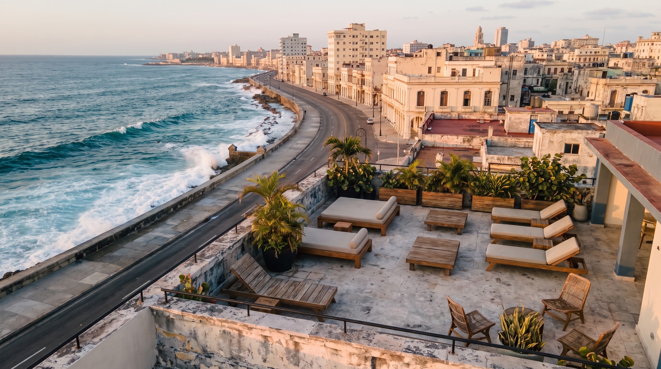 Droneshot van het besloten dakterras aan de Malecón-oever in Havana