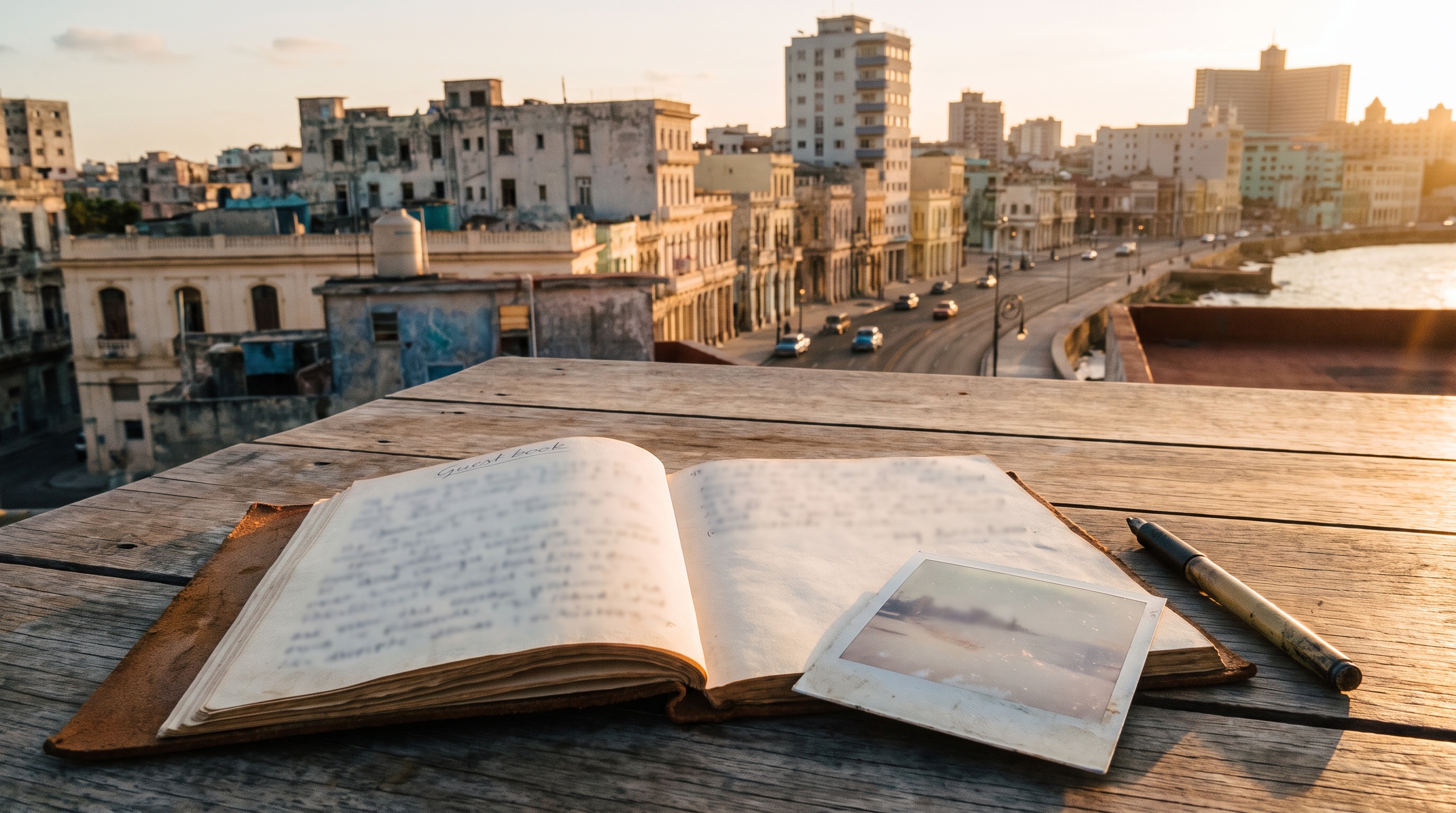 Opengeslagen gastenlogboek met verblijfsfoto op een terrastafel aan zee