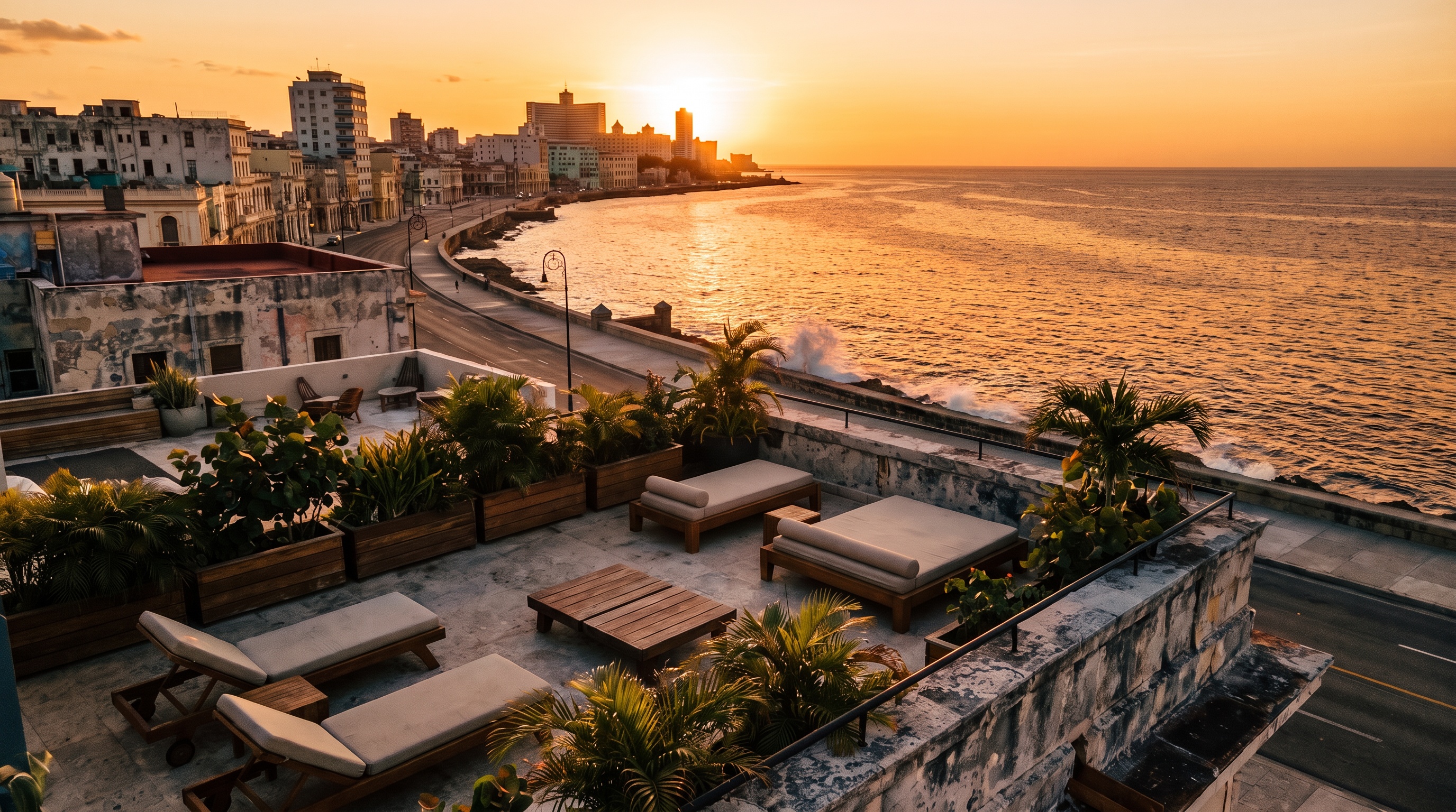 De Malecón-oever bij zonsondergang